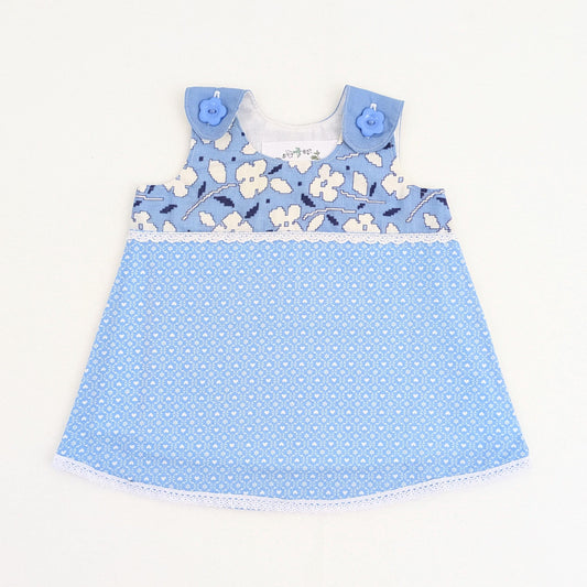 Newborn Baby Blue Patchwork Pinafore Dress, New Baby Girl Gift, Blue Summer Outfit, Baby Shower Present, Handmade Heirloom Clothes