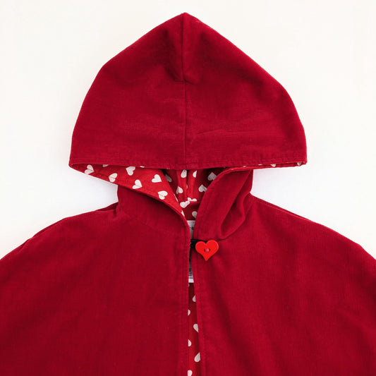 Girls Corduroy Cape with Heart Print Lining, Toddler, Big Kids Hooded Cloak Sz 1 - 12 Years