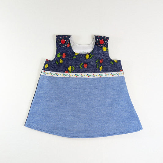 Retro Tulip Newborn Dress, Americana Baby Shower Gift, Coming Home Outfit, Denim Look Pinafore, New Baby Girl Gift, First Photo