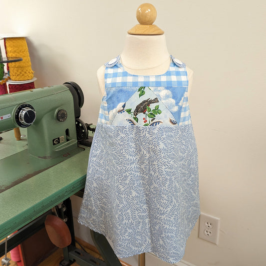 Blue Bird Patchwork 2T Pinafore, Handmade Baby Girls Dress Clothing Jumper Sundress, Gifts for Girls, Toddler 2nd Birthday