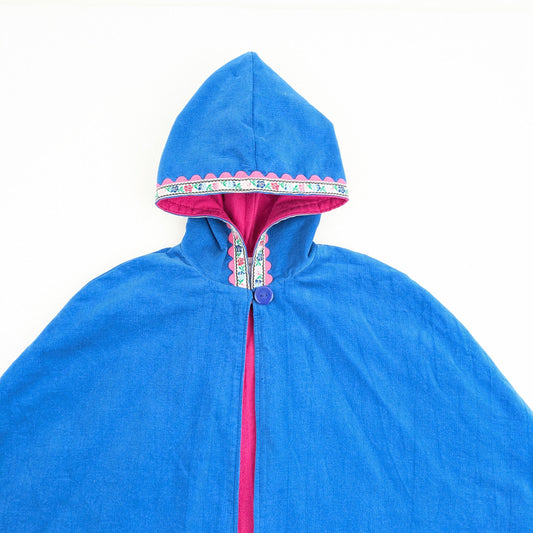 Girls Turquoise Blue & Pink Cloak with Floral Trim, Hooded Corduroy Cape Coat, Car Seat Poncho, Adaptive Clothing, Sz 1 - 12 Years