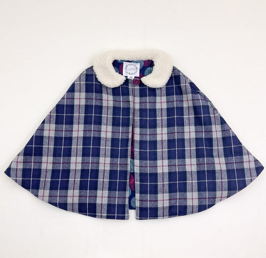 Girls Plaid Cloak, Flannel Lined Cape, Fuzzy Fleece Peter Pan Collar, Kids Winter Coat,  Car Seat Poncho Sz Med (5-8 years)
