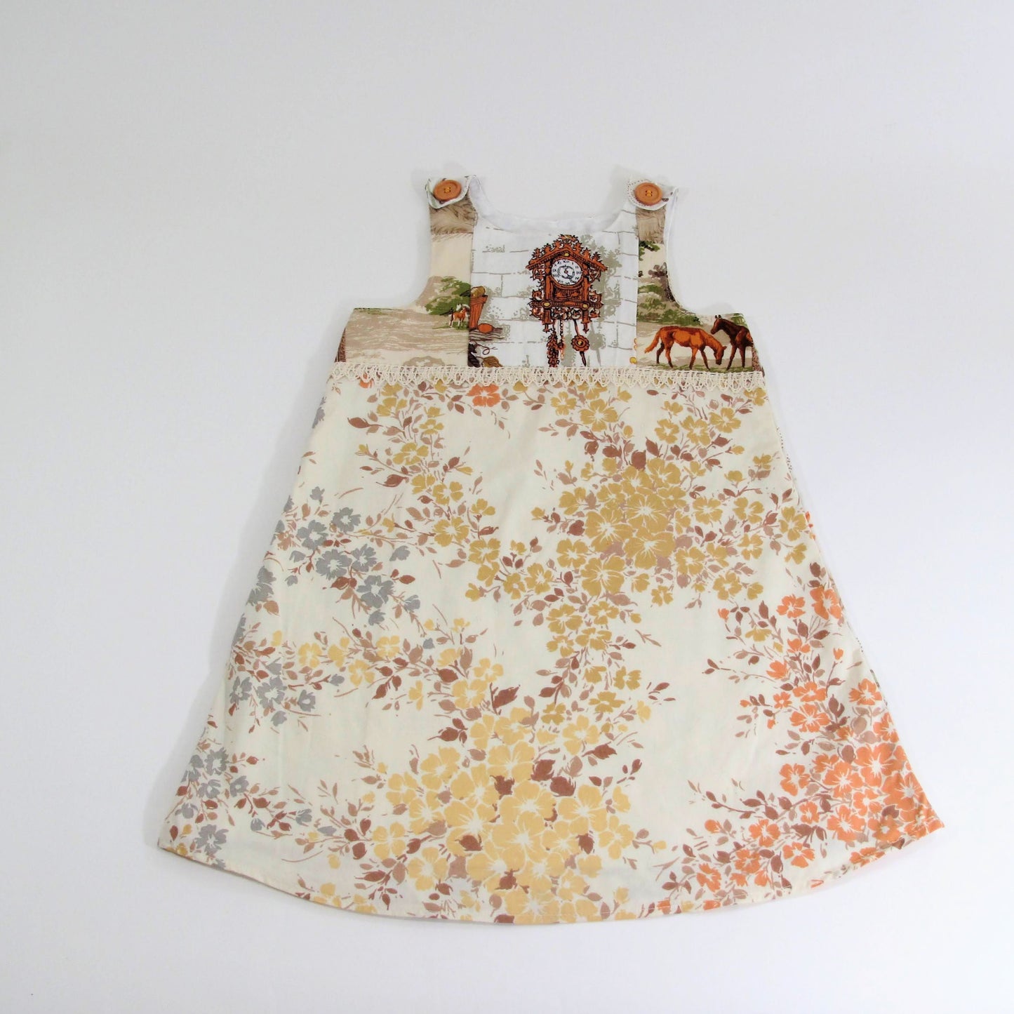 Robe Fille 6T, Salopette Tablier Patchwork Cheval Coucou Artistique Recyclée, Tenue Bohème Hippie Créative Étrange OOAK pour Séance Photo