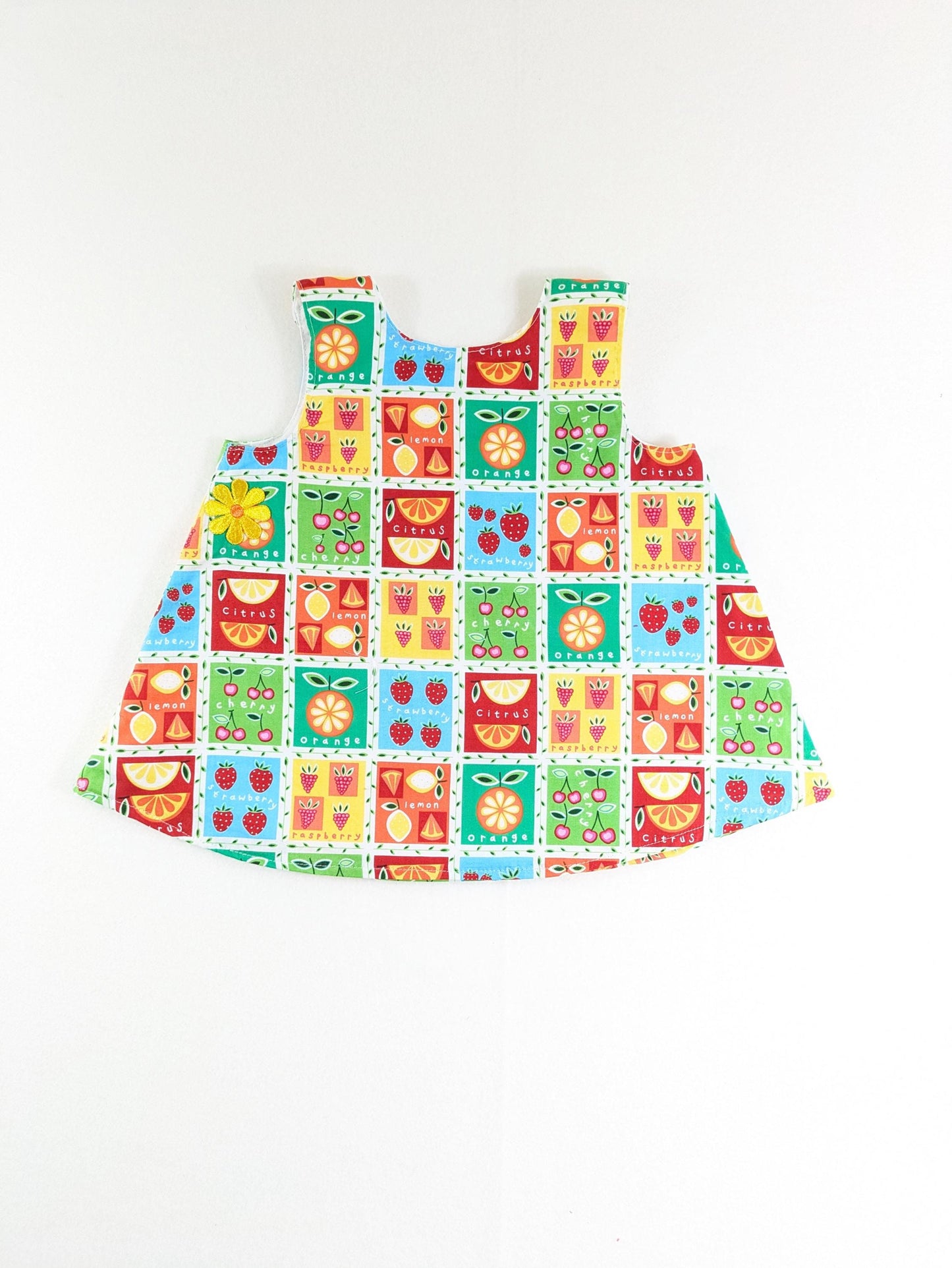 3M Rainbow Fruit Squares Baby Girls Dress, Baby Shower Gift Pinafore, Handmade Baby Girls Dress, 3-6 Months