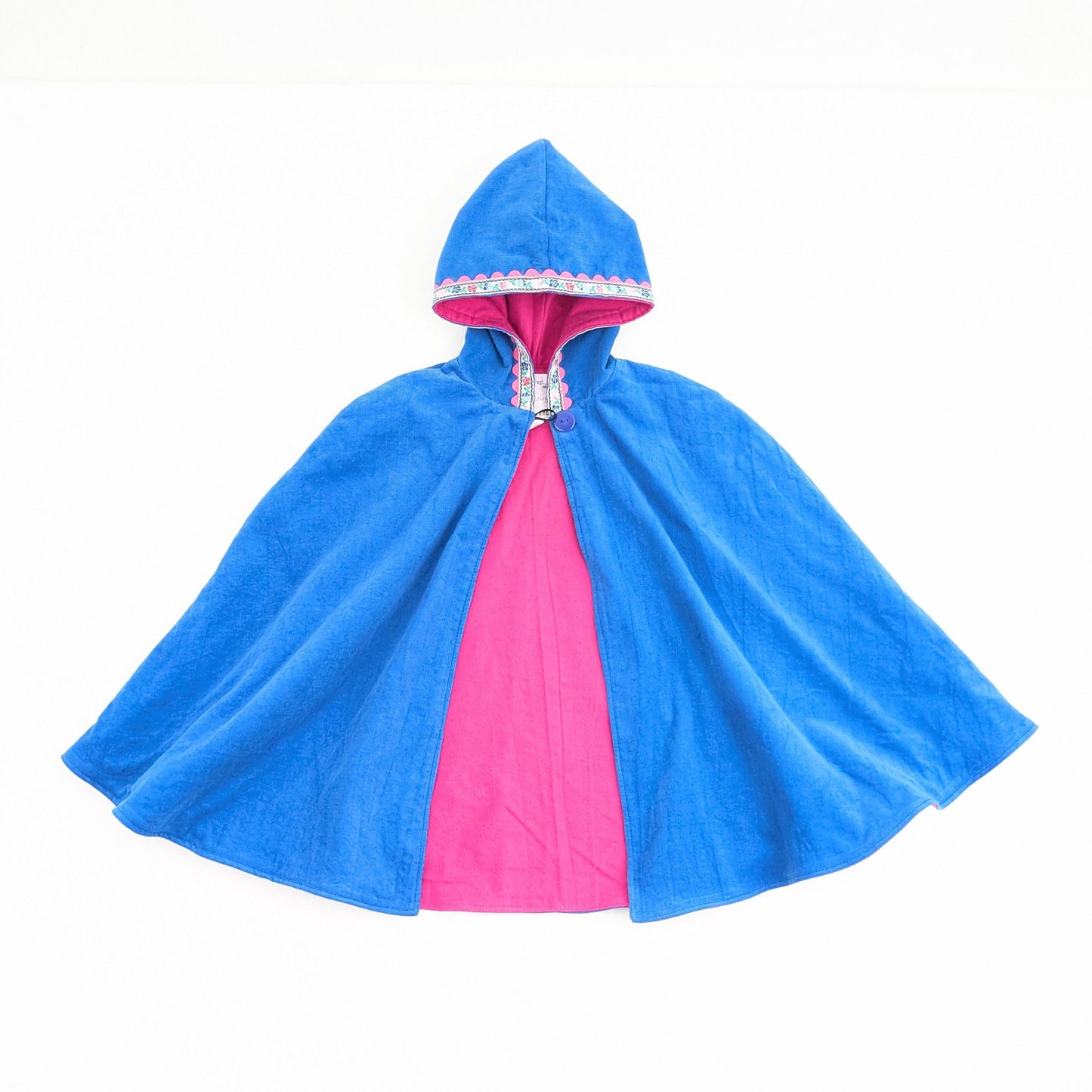 Girls Turquoise Blue & Pink Cloak with Floral Trim, Hooded Corduroy Cape Coat, Car Seat Poncho, Adaptive Clothing, Sz 1 - 12 Years