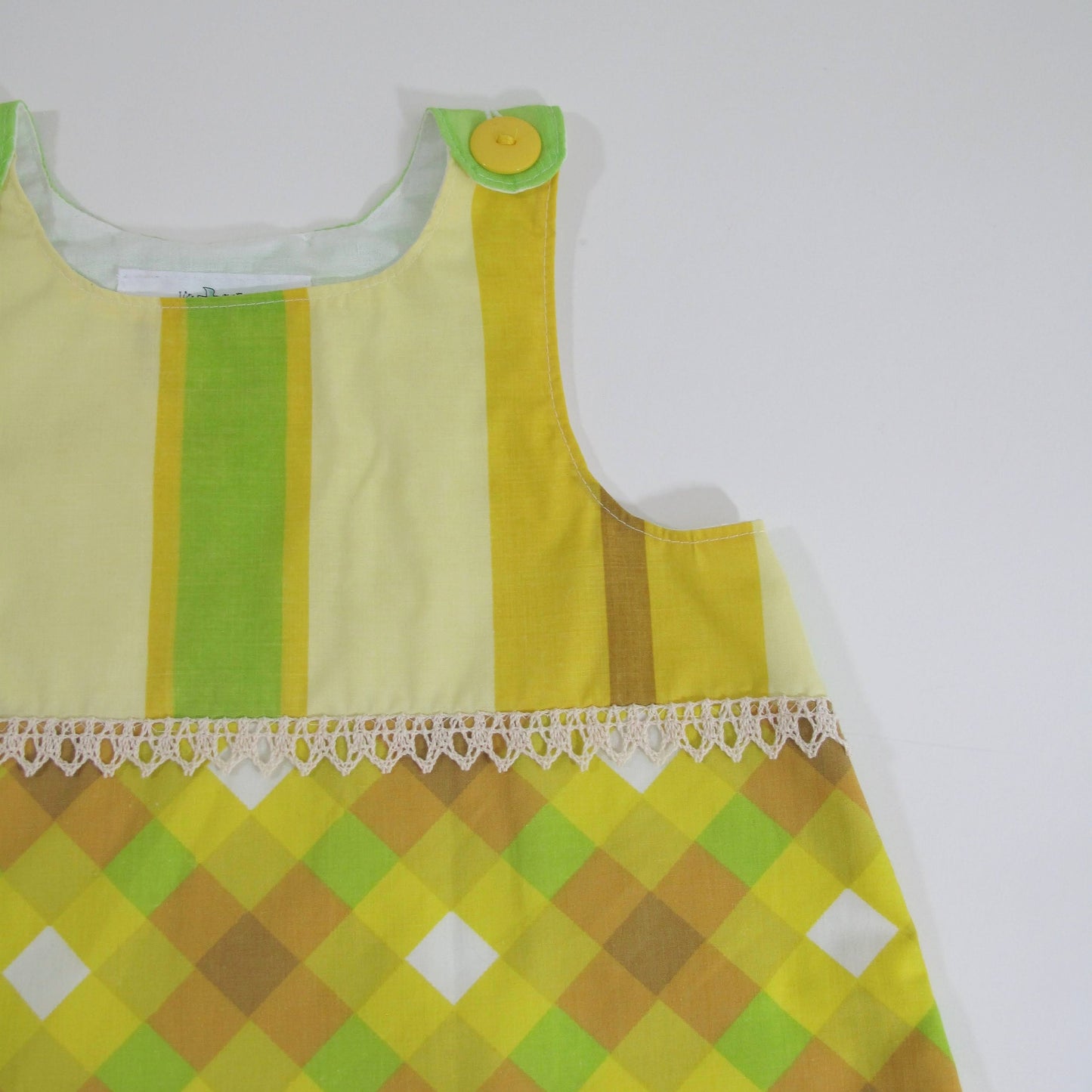 Girls Dress 6T, Handmade Patchwork Toddler Pinafore Jumper Outfit, Kindergarten Upcycled Vintage Clothing, Birthday Gift Boho Neon Plaid
