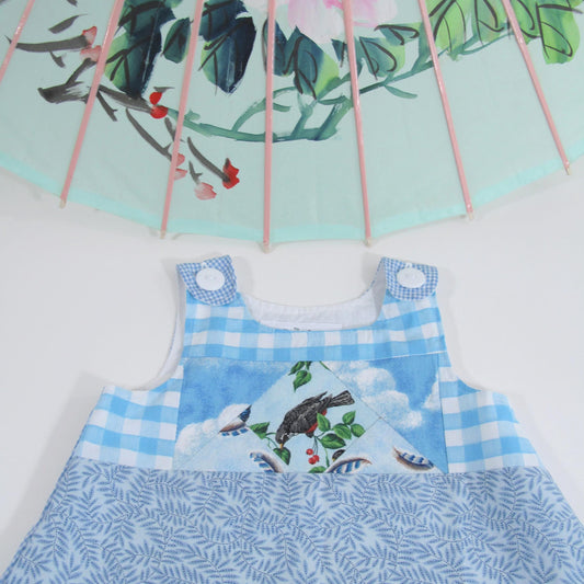 Blue Bird Patchwork 2T Pinafore, Handmade Baby Girls Dress Clothing Jumper Sundress, Gifts for Girls, Toddler 2nd Birthday