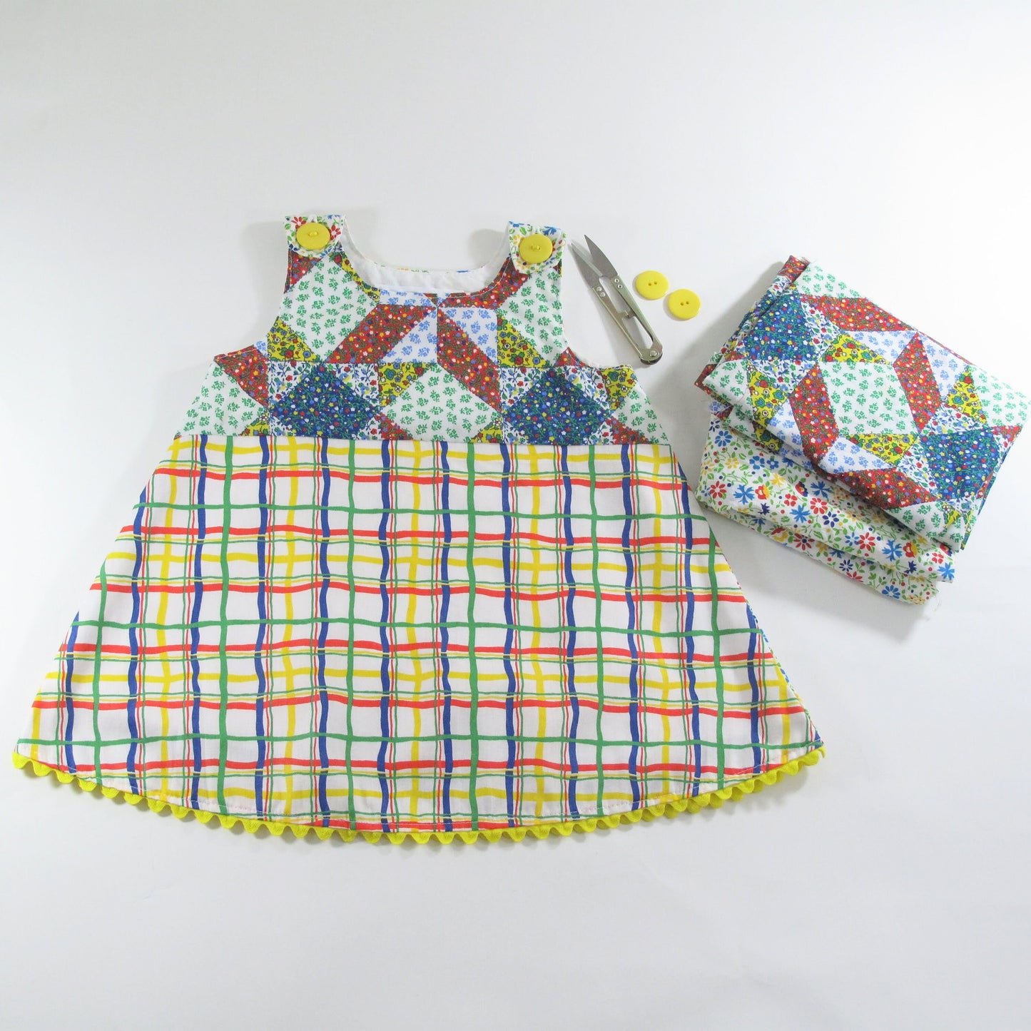 Girls Dress 12M Baby Rainbow Plaid Pinafore Dress, Handmade Clothing Funky Boutique Boho Jumper Sundress Rainbowcore 1st Birthday Gift