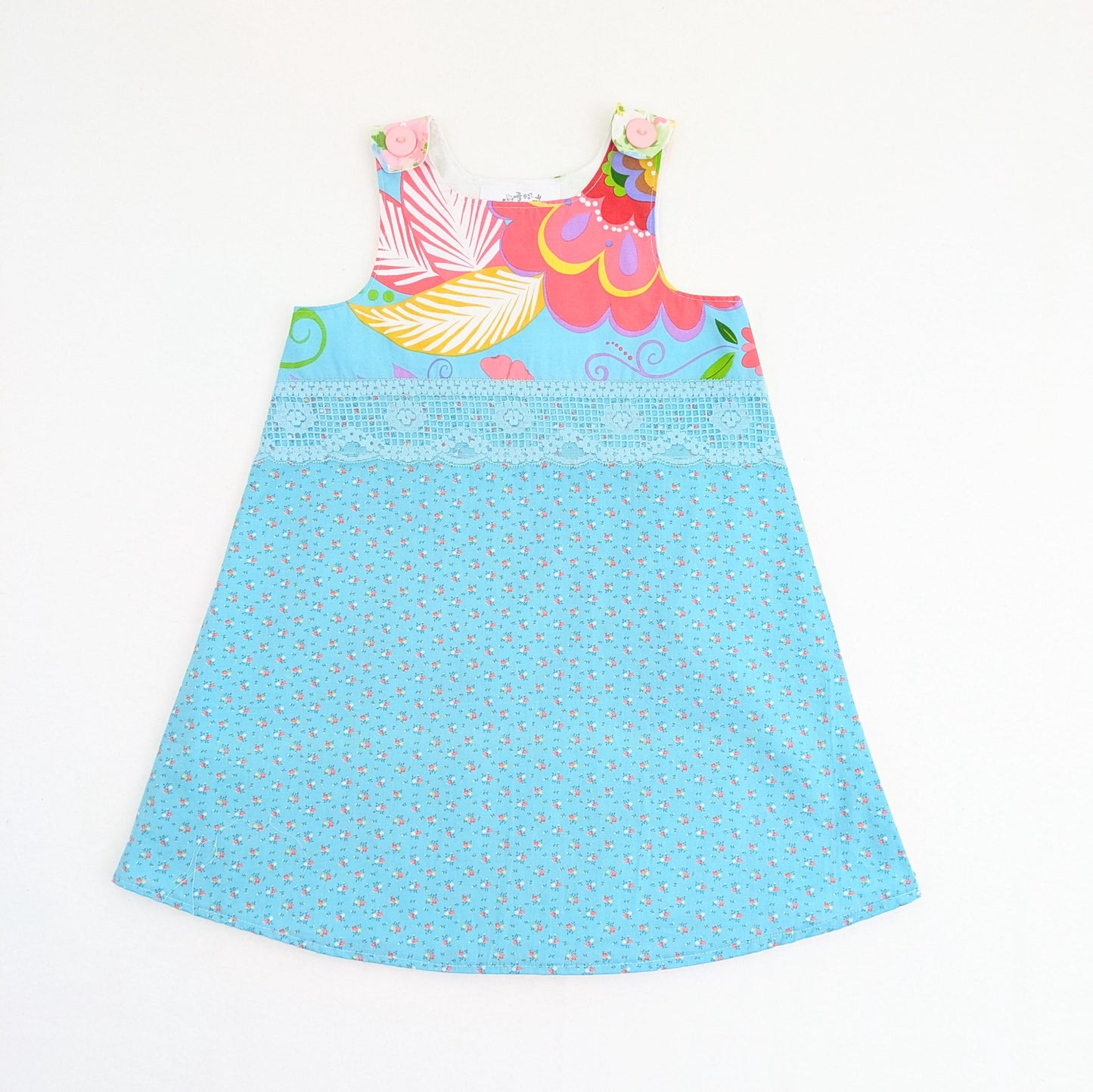 Robe chasuble fleurie tropicale taille 5, Robe d'été fleurie turquoise pour fille, Vêtements de vacances à la plage, Mode enfant faite main