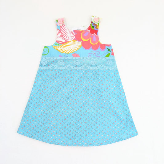 Size 5 Tropical Floral Pinafore Dress, Turquoise Floral Girl Summer Outfit, Beach Vacation Clothes, Handmade Kids Fashion