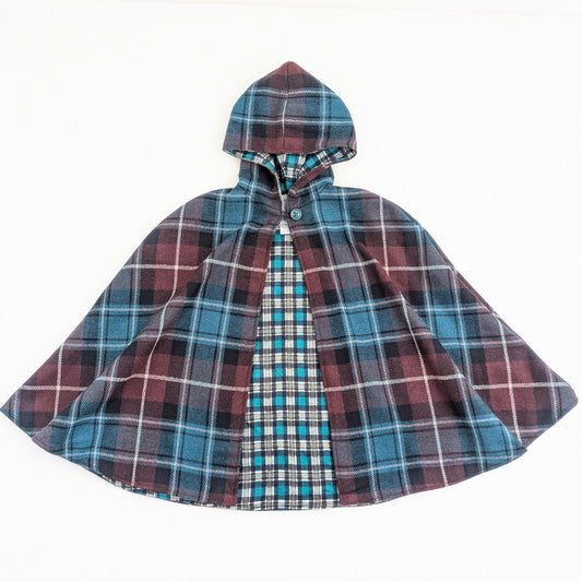 Kids Plaid Cloak, Woodland Christmas Cape, Storybook Hooded Outerwear, Plaid Flannel Childrens Girls Boys Car Seat Poncho Sz Med (5-8 years)