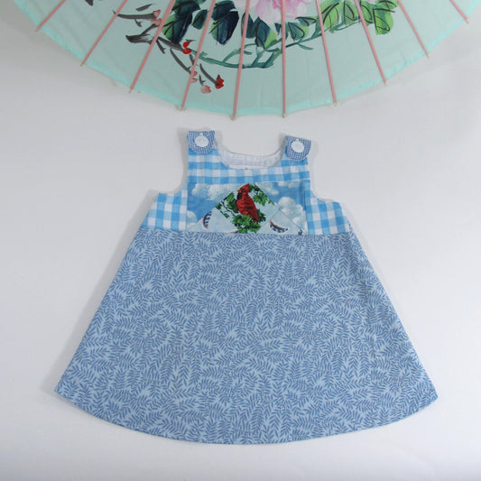 18M Toddler Girls Dress, Bird Patchwork Pinafore Outfit, Handmade Children's Clothing, Heirloom Keepsake Gifts for Girls