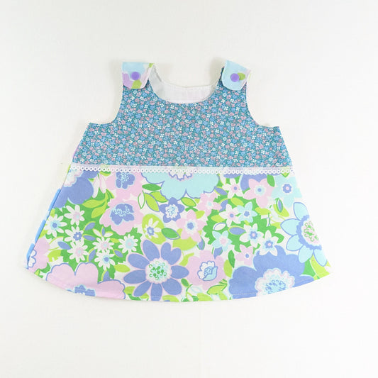 3M Blue Floral Patchwork Dress, Retro Unique Handmade Baby Girls Pinafore Dress, 3-6 Months