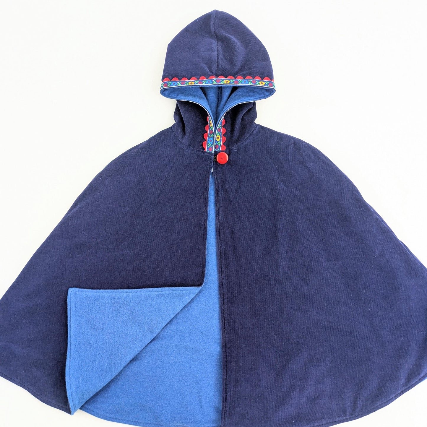 Cape bleu marine pour filles avec garniture florale, manteau cape en velours côtelé à capuche, poncho pour siège auto, cadeau de Noël pour bébé, tout-petit, enfants, taille M, 5-8 ans
